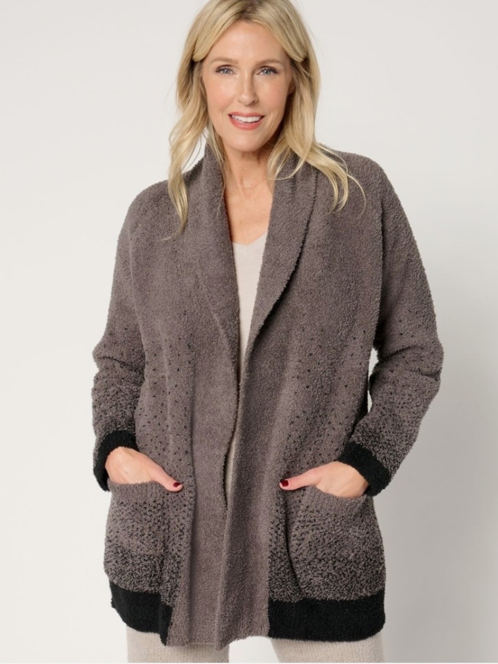 Barefoot Dreams CozyChic Confetti
Shawl Cardigan Sweater Mineral/Black‎ SZ M